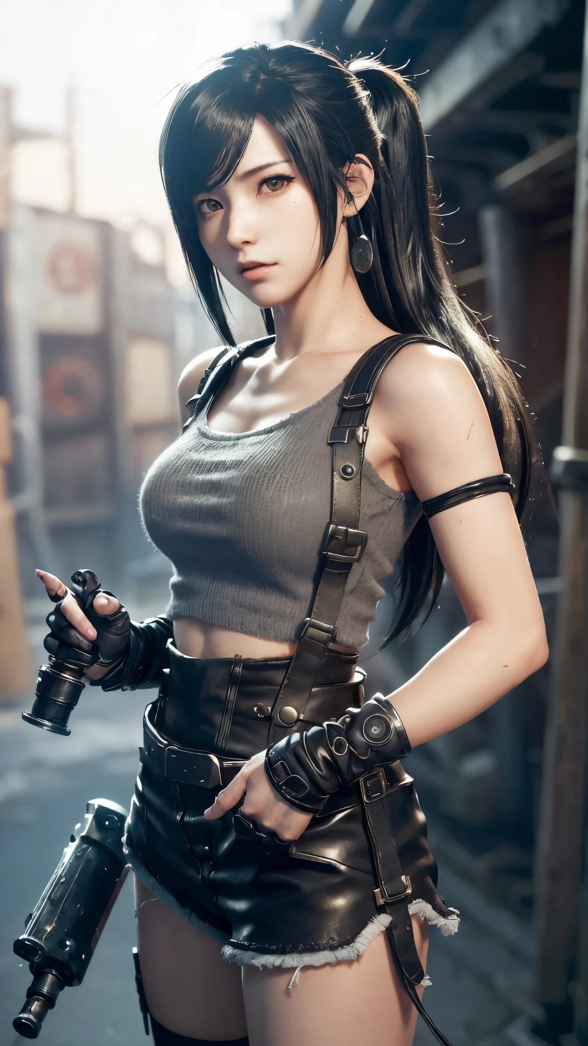 Tifa Lockhart, mksks style, (Highly detailed background:1.3), Final Fantasy VII Remake, (Red eyes), One girl, Black Hair, (Japanese idle:1.6), (Tifa Lockhart style:1.4), (Shinra company:1.5), 