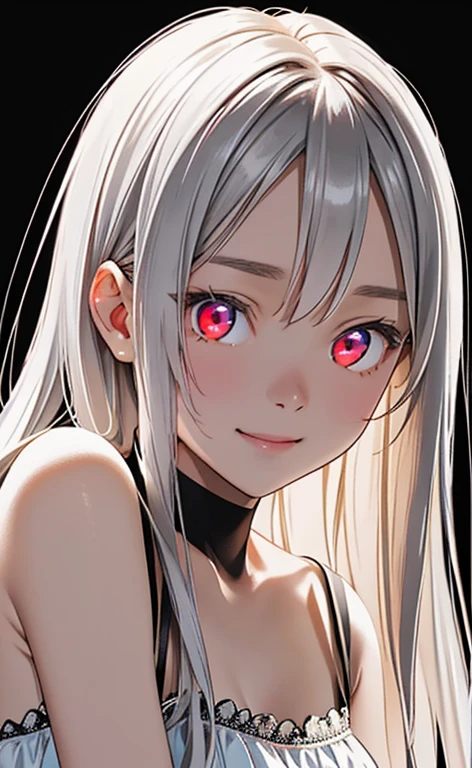 (Photorealistic:1.4)、asuna,(masterpiece、spot light:1.2、Exquisite beautiful eyeonochrome:1.5,portlate、)、Cute Face、 3D Face、(white hair:1.5、Straight Hair)、(1 Girl)、(Red eyes:1.2)、(upper body)、(Sundress)、 (Cute face:1.2),(light smile:1.2),kind face,(Small breasts),(black background:1.5)、(glowing eyes:1.3)、()、 Neat and clean、Adorable、Slim Body(Tareme:1.5),Shiny Hair、(Glowing pink Skin)、Nijisketch,Manga,zydG