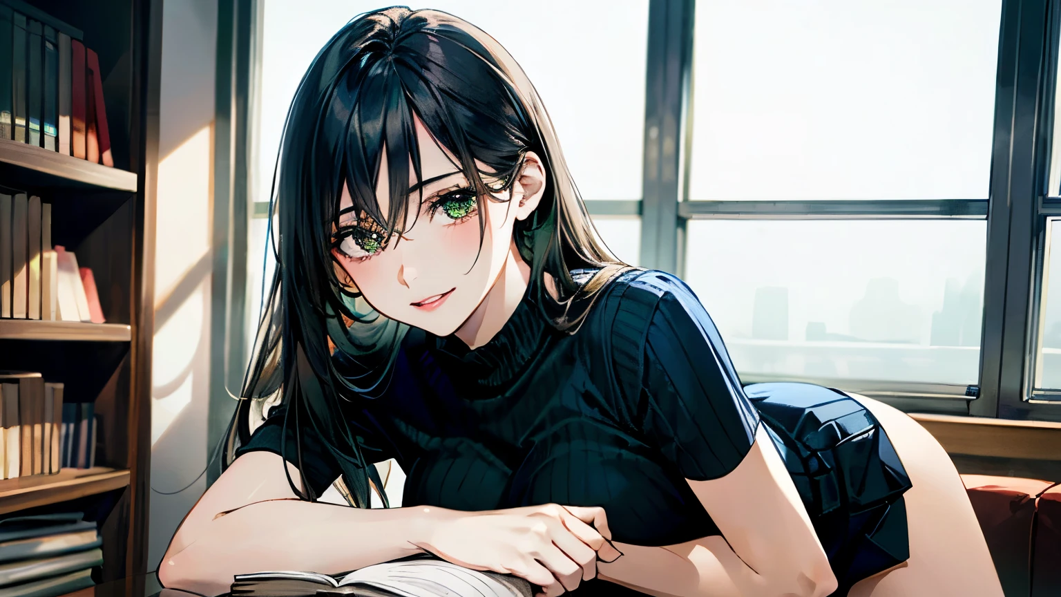(masterpiece:1.3, highest quality, Ultra-high resolution, Super detailed), (Realistic, photoRealistic:1.4), Beautiful illustrations, Perfect lighting, Natural light, colorful, Depth of written boundary, 女性one person,Attractive legs,whole body,
View Viewer, whole body, Front view:0.6, 1 girl, 日Book語, office lady, 19 years old, Perfect Face, (Perfect Anatomy), Cute and symmetrical face, Baby Face, Shiny skin, ,
(Long Hair:1.7, Straight hair:1.2, Black Hair), Hair between the eyes, Emerald green eyes, Long Eyelashes, (Big Breasts:0.8), mini skirt,Bookを持っている,
Beautiful Hair, Beautiful Face, Beautiful fine details, Beautiful clavicle, Beautiful body, Beautiful breasts, Beautiful thighs, Beautiful feet, Beautiful fingers,
((Short sleeve navy high neck sweater), ID card),
(Beautiful views), Daytime, (Office Lounge),, (Smile, Half an eye, Lips parted),Bookを持っている,whole body,mini skirt,one person,whole body,Attractive legs,Book,Book,whole body,Attractive legs