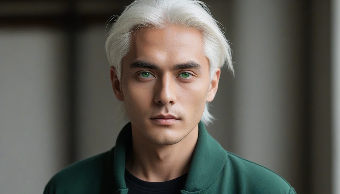 a cool 22 old male Instagram model named Oscar, white hair, intense green eyes, creative and curious, Avant-Gard style with Japanese influence, he is an artist, sun-tanned, in a cool loft