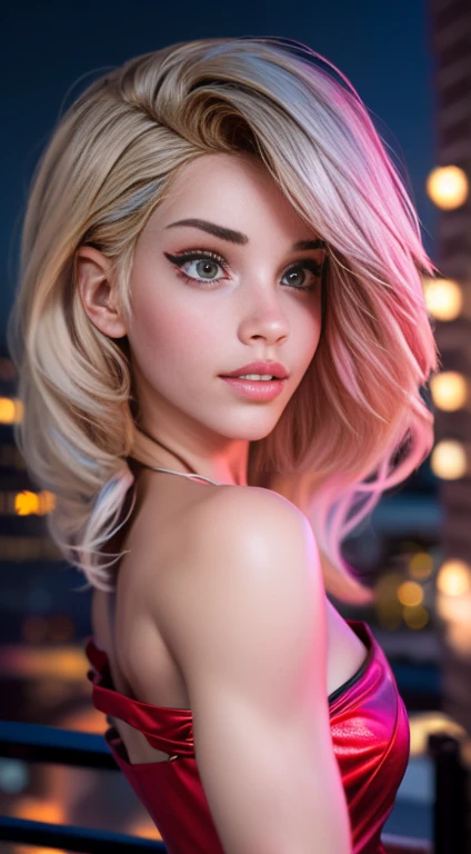 photo of Cherry Crush, RAW, beautiful woman, ((portrait)), ((detailed face:1.2)), ((detailed facial feature, detailed skin, clear skin), (perfect proportioned body), (wearing a colorful sexy dress) (high detailed city environment, apartment balcony), (realistic photo, best quality, detailed), (8k wallpaper), (cinematic lighting, dramatic lighting) (sharp focus, intricate)