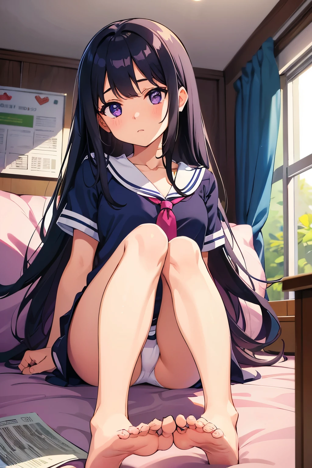 Elementary school girl, , A cup breasts, black hair, long hair, purple eyes (one person) Plain white upper body, short sleevesTShirt, navy blue miniskirt, white panties((I can see her panties)) Barefoot girl in her room sitting on the sofa reading a magazine ((I can see her panties)) Dynamic angle Low angle
