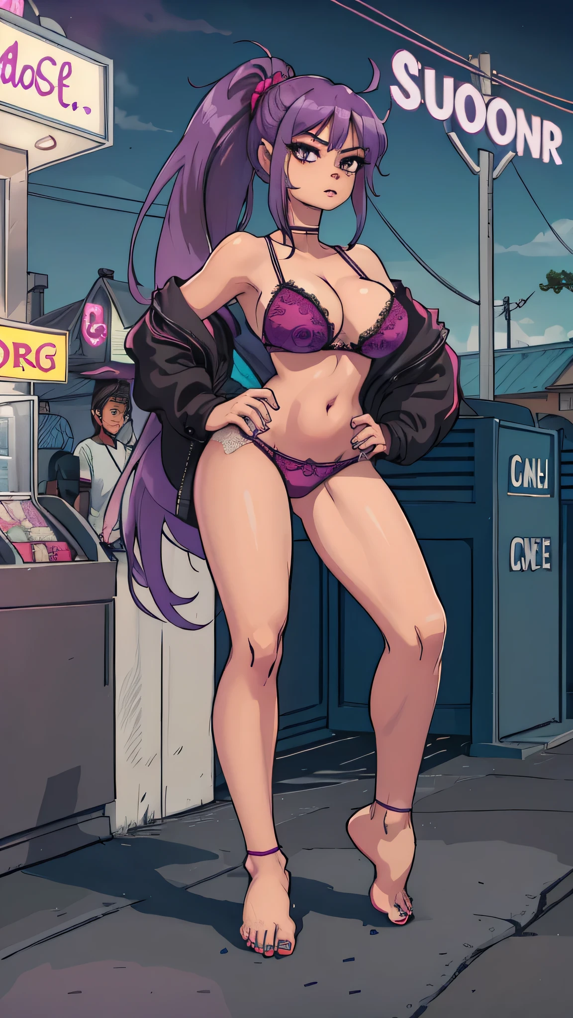 1 woman, Purple hair tied in a ponytail , sly face , purple bikini with lace , big breasts , Long legs , Put your hands on your hips.. , Barefoot , convenience store