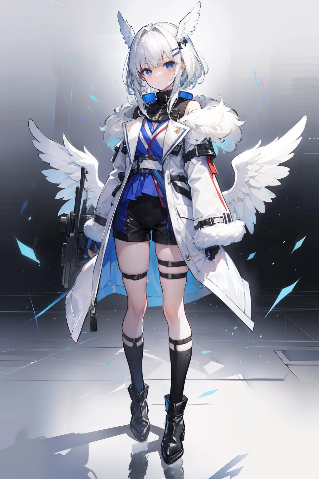 ((masterpiece, highest quality)), Detailed face, whole body, white色の背景, Standing in the Wilderness,Very detailed, One girl,Small head wings,Medium hair,white_hair,Colored inner hair,Hair Clip,Put your hands in your pockets,turtleneck,Fur coat,Overcoat,Fur-trimmed sleeves,Short shorts,Thigh straps,Ankle socks,Ankle boots,Food,elongated pupils,Silver Eyes,Detailed and sophisticated,Absurd,深さ of field,Legwear with ribbon trim,reflection,whiteのテーマ、Has an anti-materiel rifle