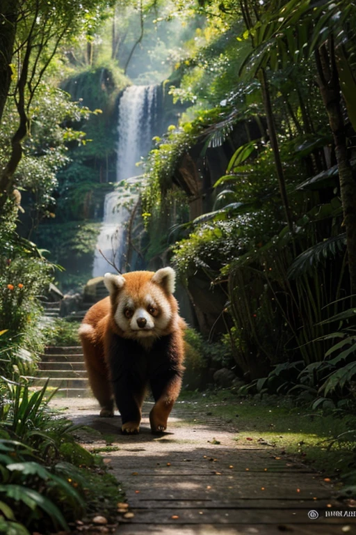 a photo-realistic Chinese red panda walking through a lush forest with detailed trees, birds, butterflies, sunlight streaming through the canopy, a charming waterfall in the background, (best quality,8k,highres,masterpiece:1.2),ultra-detailed,realistic,photorealistic,vivid colors,dynamic lighting,concept art