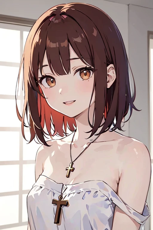 (masterpiece), (highest quality), (Super detailed),(Disheveled Hair),(figure), (1 Female), ((naked)), Are standing, Fashion Model, View Viewer, (interview), (Casual Background),Beautiful brown eyes, Delicate and beautiful face, ,(High chroma),(Colorful splashes),(The Shining), kamisato ayaka, Redhead, bangs, short hair, (The Shining), Best lighting, Best Shadow. catholic cross necklace. Sexy smile