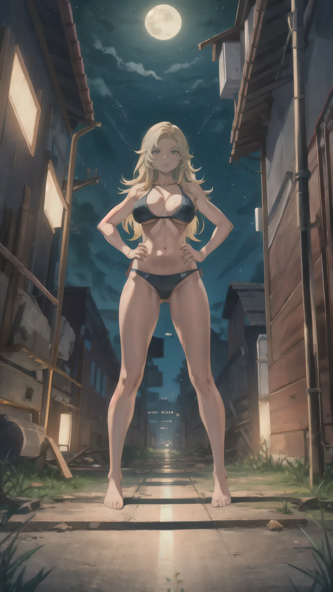 Masterpiece, best quality, Masterpiece, best quality, 1 woman, long blonde hair , Black bikini , big breasts , abdomen , Long legs , Put your hands on your hips. , barefoots , full body , abandoned factory , at night
