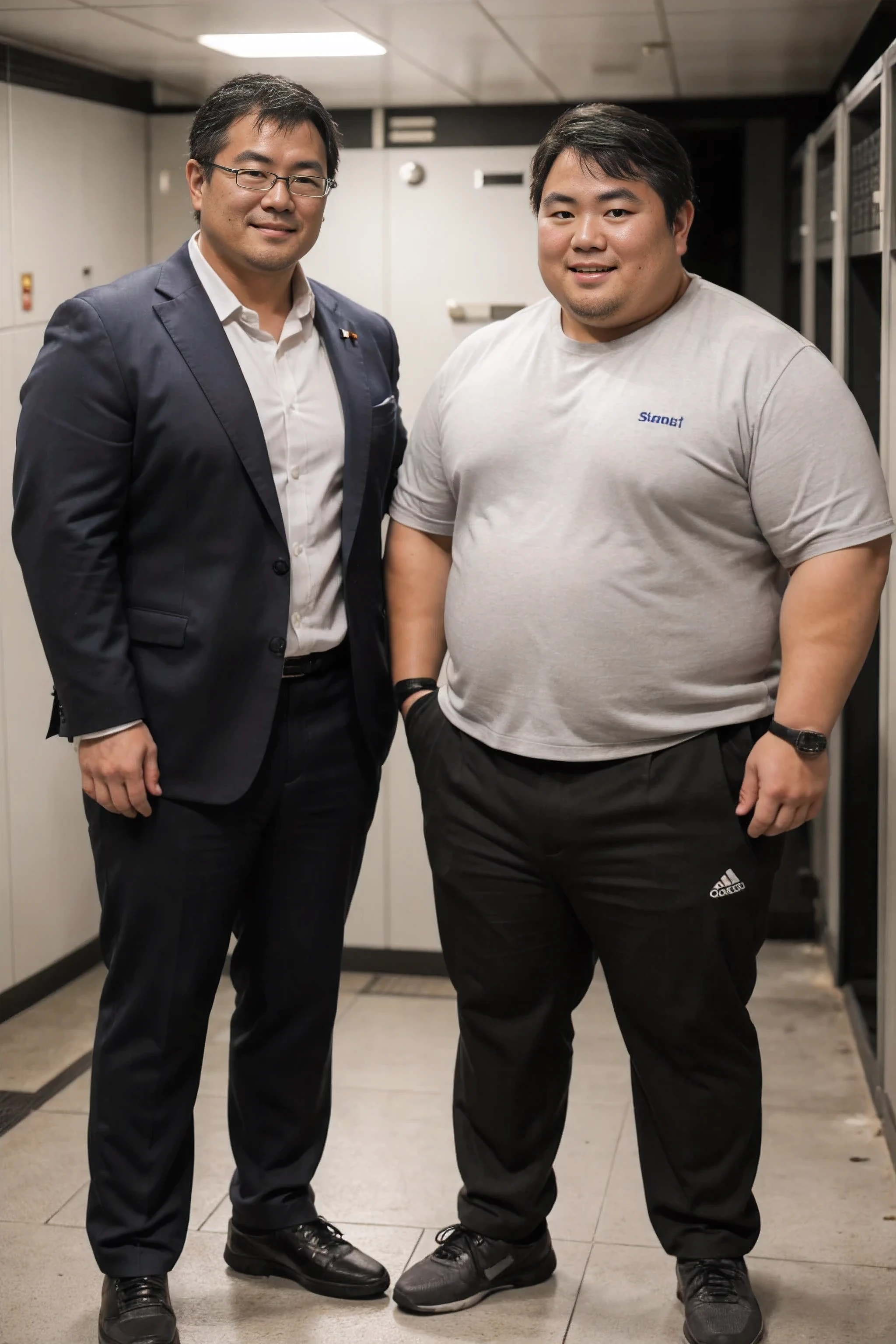 A Japanese man in a business grey suit is standing next to guy, A little chubby Japanese young guy is standing next to the male:2, He is wearing white jockstrap, round face:2, droopy eyes, geeky messy hair, natural nerdy hair, Draw in clear detail whose hand it is, Anatomically correct, Super detail, Textured skin, Masterpiece, Photo realistic, 8K, high sharpness, Shot with a medium telephoto lens, thick thighs, In the damp underground dark locker room at night, bulgeJ8, 