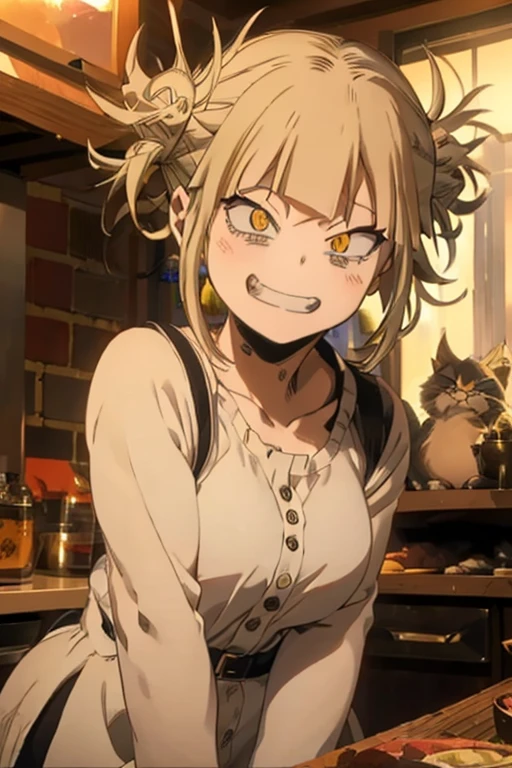 (himiko toga),(Anime),+,(Boku no hero academia),(kohei horikoshi),(Yellow eyes and cat's pupils), (short blonde hair with two pompoms), (with a perverted smile on her face with two cat-style teeth on top and two cat-style teeth on the bottom), (wearing),+,(a sexualized Christmas-style dress),+,(Beautiful image),(8k high image),(High resolution image)