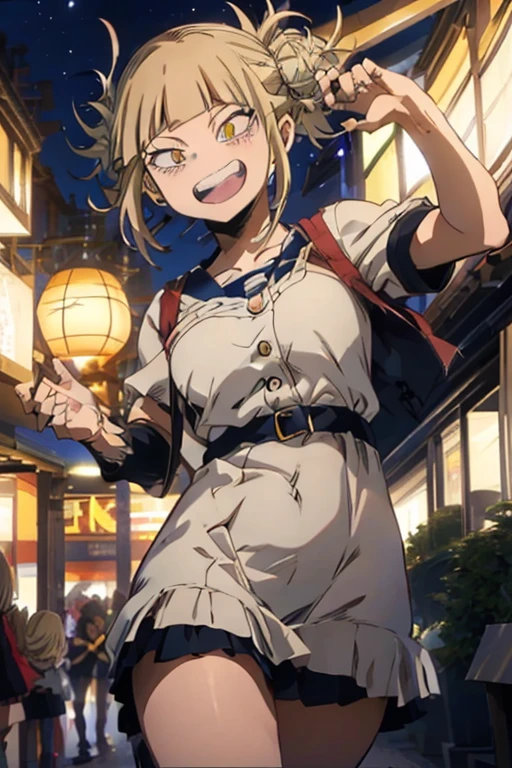 (himiko toga),(Anime),+,(Boku no hero academia),(kohei horikoshi),(Yellow eyes and cat's pupils), (short blonde hair with two pompoms), (with a perverted smile on her face with two cat-style teeth on top and two cat-style teeth on the bottom), (wearing),+,(a sexualized Christmas-style dress),+,(Beautiful image),(8k high image),(High resolution image)