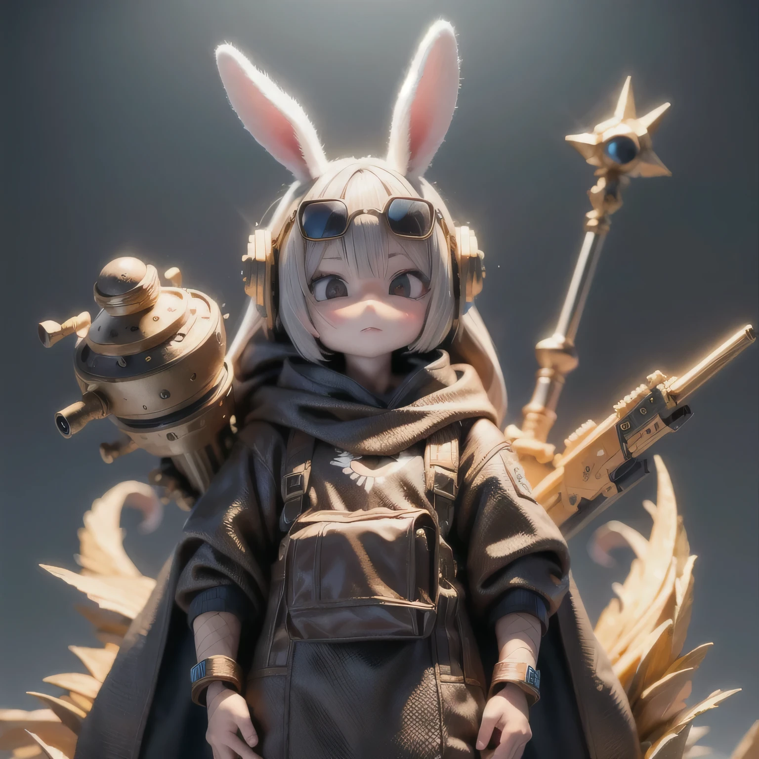 Rabbit Ear（((Rabbit Ear))）Nine-tailed Suspended Halley Mist Star，Coarse linen cloak Mayan headgear platinum silk cyberpunk light crossbow space station 1:900 miniatures，illustration，Side viewing angle，（（Side viewing angle）），Wear gold wire-rimmed reflective sunglasses，Carry future weapons，very happy，Side viewing angle，whole body，Stereo，Octane Rendering，Perfect face，Collagen texture