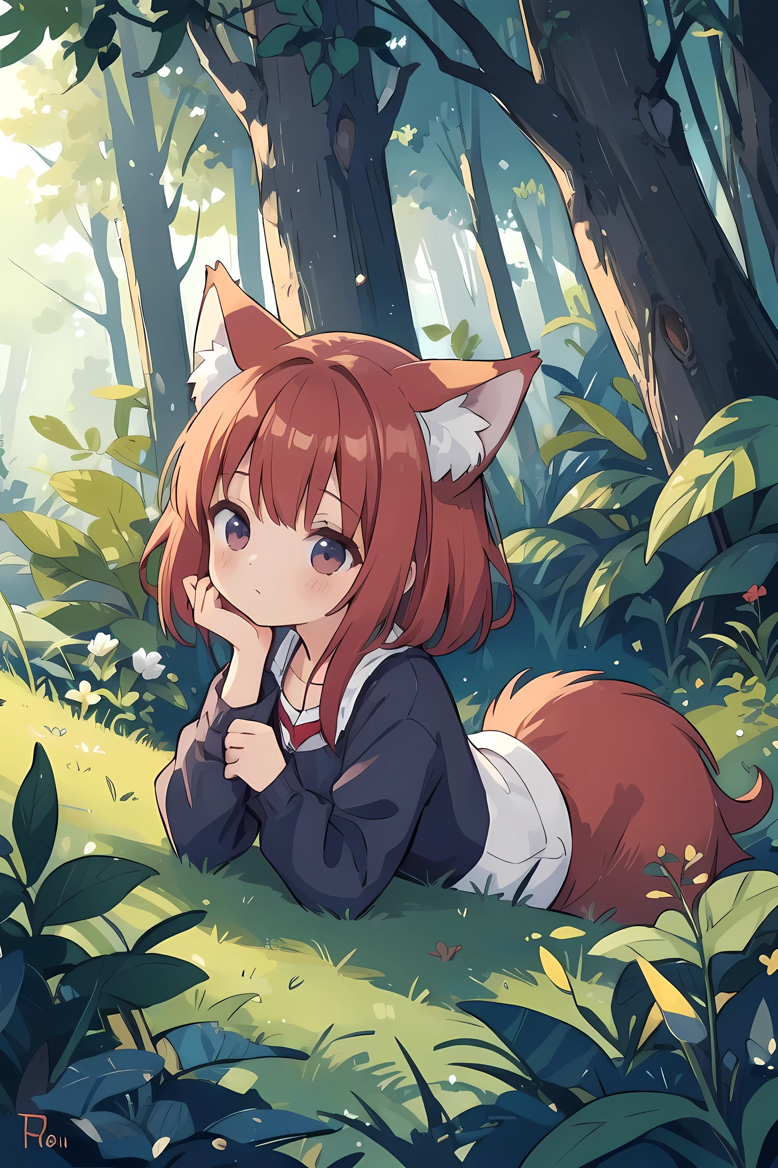 Masterpiece, best quality, Red-haired wolf girl is more in the forest.