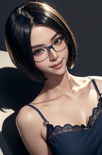 (masterpiece), (8k, best quality, high resolution), (ultra-detailed, realistic), (anatomically correct),
((from above)), ((look up and see the viewer)),
((face close-up)), (Standing), (No background),
(1woman),
(A Japanese woman, 30 years old and 155cm tall.),
(((Wear a navy blue tunic camisole))), ((A camisole without decoration.)),
(black hair), (straight hair), (short hair style), ((bob cut)),
(wear glasses), (black square cell glasses),
((smile broadly)),
(Her impression is pure, clean and kind.),