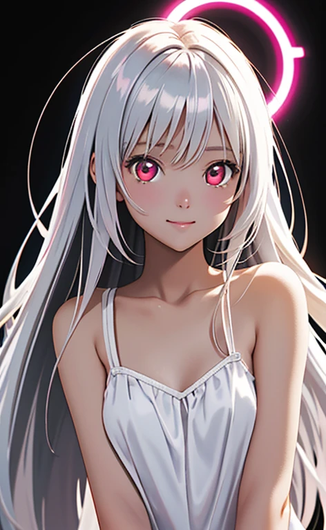 (Photorealistic:1.4)、asuna,(masterpiece、lens flare:1.5、spot light:1.2、Exquisite beautiful eyeonochrome:1.5,portlate、)、Cute Face、 3D Face、(white hair:1.5、Straight Hair)、(1 Girl)、(Red eyes:1.2)、(upper body)、(Sundress)、 (Cute face:1.2),(light smile:1.2),kind face,(Small breasts),(black background:1.5)、(glowing eyes:1.3)、()、 Neat and clean、Adorable、Slim Body(Tareme:1.5),Shiny Hair、(Glowing pink Skin)、Nijisketch,Manga,zydG