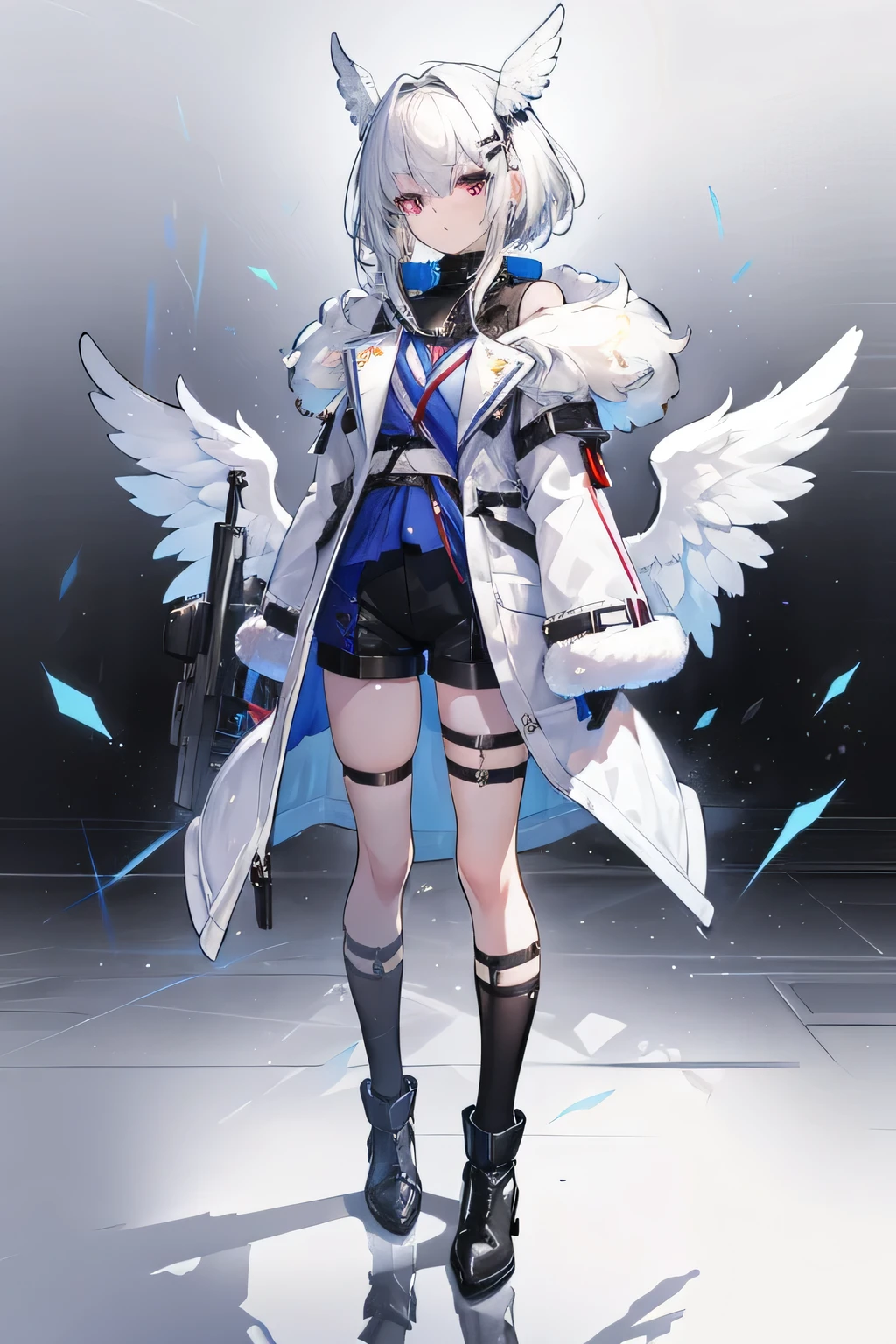 ((masterpiece, highest quality)), Detailed face, whole body, White background, Standing in the Wilderness,Very detailed, One girl,Small head wings,Medium hair,white_hair,Colored inner hair,Hair Clip,Put your hands in your pockets,turtleneck,Fur coat,Overcoat,Fur-trimmed sleeves,Short shorts,Thigh straps,Ankle socks,Ankle boots,Food,elongated pupils,Silver Eyes,Detailed and sophisticated,Absurd,深さ of field,Legwear with ribbon trim,reflection,White Theme、Has an anti-materiel rifle