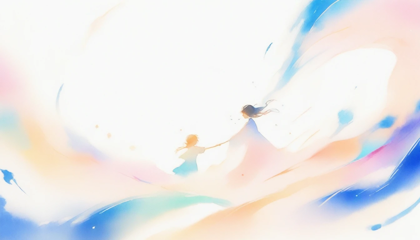 two characters, male and female, left bottom corner, right top corner, mutual gaze, reaching out, almost touching, dynamic, motion, energy, flowing elements, wind, light trails, watercolor style, subtle, Chinese style, traditional Chinese painting, ethereal, Asian aesthetic, 16:9 aspect ratio, anime style, expressive, elegant, detailed environment, soft colors, high resolution, visual effects, particles, sparkles, white space, blank background, watercolor accents