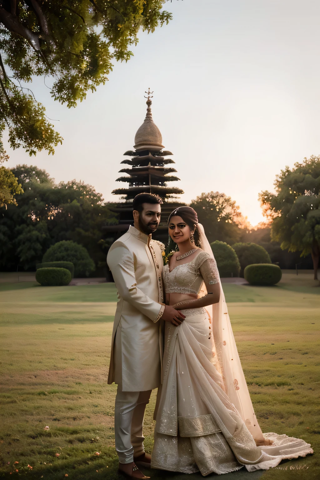 ((best quality)), ((masterpiece)), (detailed), perfect face 4k, nude pics,ultra realistic, highly detailed, masterpiece, award winning picture, a couple, wedding portrait, indian style wedding,groom & bridal, standing,near , bonfire,, tress,  3D image 