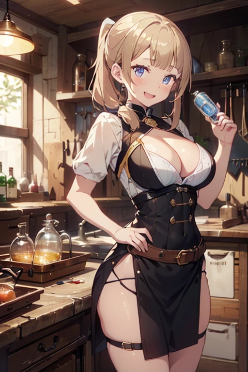 (fantasy:1.5),(8k,masterpiece, top quality, best quality,beautiful and aesthetic:1.2,professional illustrasion:1.1,ultra detail:1.3,perfect lighting),extremely detailed,highest detailed,incredibly absurdres , highres, ultra detailed,intricate:1.6,(Alchemy Workshop:1.4),A girl mixing,Medicine in many small bottles,holding small potion,colorful:1.4,zentangle,(a girl 26yo old),(cute girl),pointed chest:1.3,(double breasted:1.2,under bust:1.2), Amazing Cleavage:1.3, thin waist, big ass, Raised sexy, big breast: 1.2 posed cleavage:1.2,(female alchemy),(highly detailed beautiful face and eyes,firm breasts),oily skin,((bronde hair, long pony tail hair)),thin pubic hair,cute,lovely,beautifuk alchemist costume,smile,in the kitchen,smile,seductive weak smiling,(with sparkling eyes and a contagious smile),open mouth, Looking at Viewer,