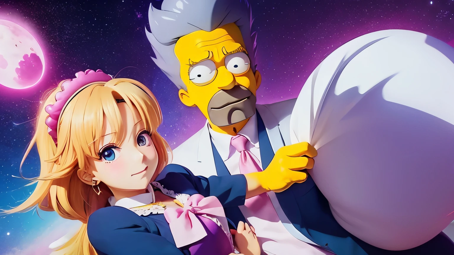 Anime-style high image quality　Magical Girl and Simpson Dad　Again？　Please wait a little longer