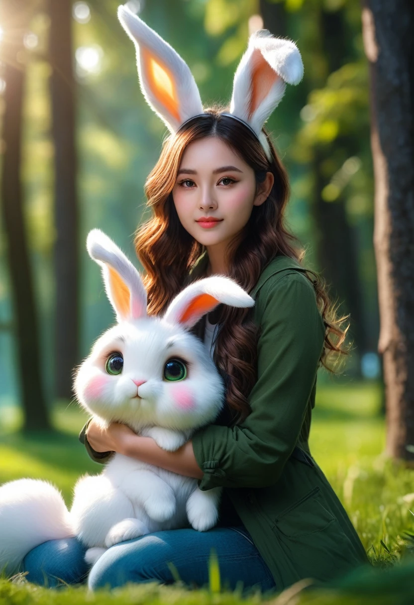 a cute girl with long fluffy rabbit ears, rabbit ears, bunny, green meadow, forest, photorealistic, highly detailed, 8k, (best quality,4k,8k,highres,masterpiece:1.2),ultra-detailed,(realistic,photorealistic,photo-realistic:1.37),HDR,UHD,studio lighting,extreme detail description,vivid colors,soft lighting,warm colors,natural environment