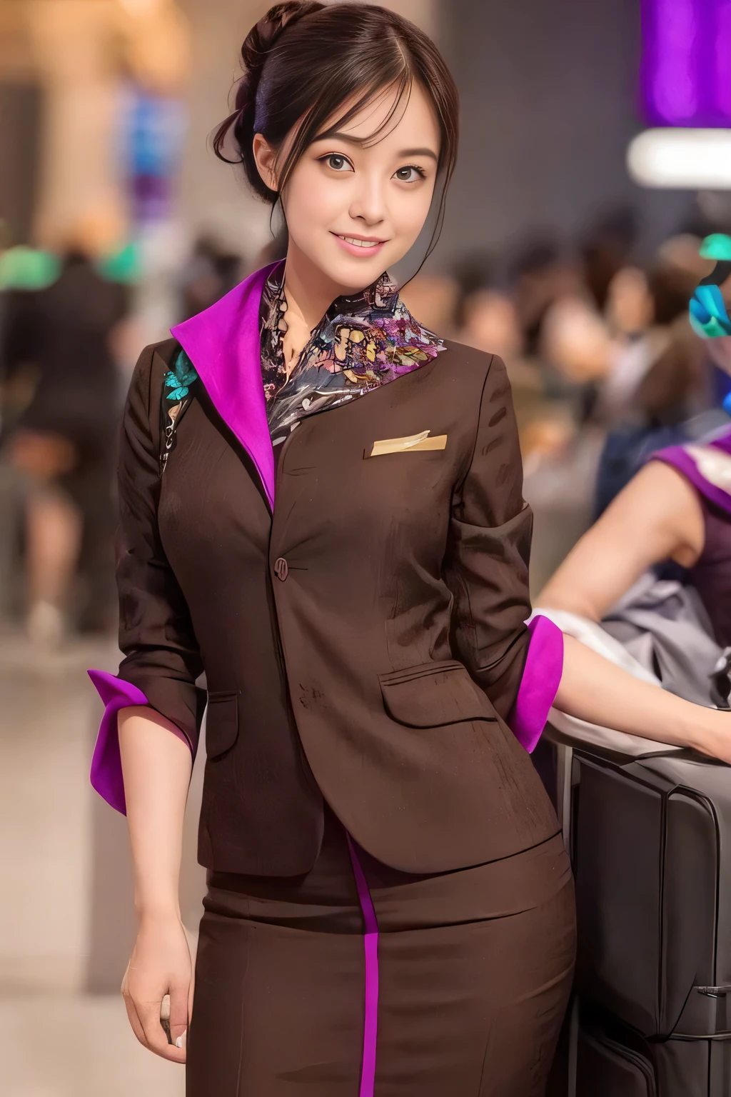 (masterpiece:1.2、highest quality:1.2)、32K HDR、High resolution、(alone、1 girl、Slim figure)、(A realistic reproduction of the ETIHAD Airways Cabincrew Uniform)、 (At the airport counter, Professional Lighting)、A proper woman, Beautiful Face,、(Long sleeve ETIHAD Airways Cabincrew Uniform)、(ETIHAD Airways Cabincrew Uniform skirt with purple stripe on the front)、(scarf on chest)、Big Breasts、(Long Hair Up、Hair Bun)、Dark brown hair、Long Shot、((Great hands:2.0))、((Harmonious body proportions:1.5))、((Normal limbs:2.0))、((Normal finger:2.0))、((Delicate eyes:2.0))、((Normal eyes:2.0)))、Beautiful standing posture、smile