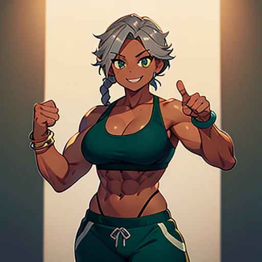 Muscular,women,gray hair,brown skin,Lazio hair, a braid over the shoulder, green eyes,black gym bra,pants,Sharp teeth,smile,Bracelet on left hand ,solo,breasts,point at viewer