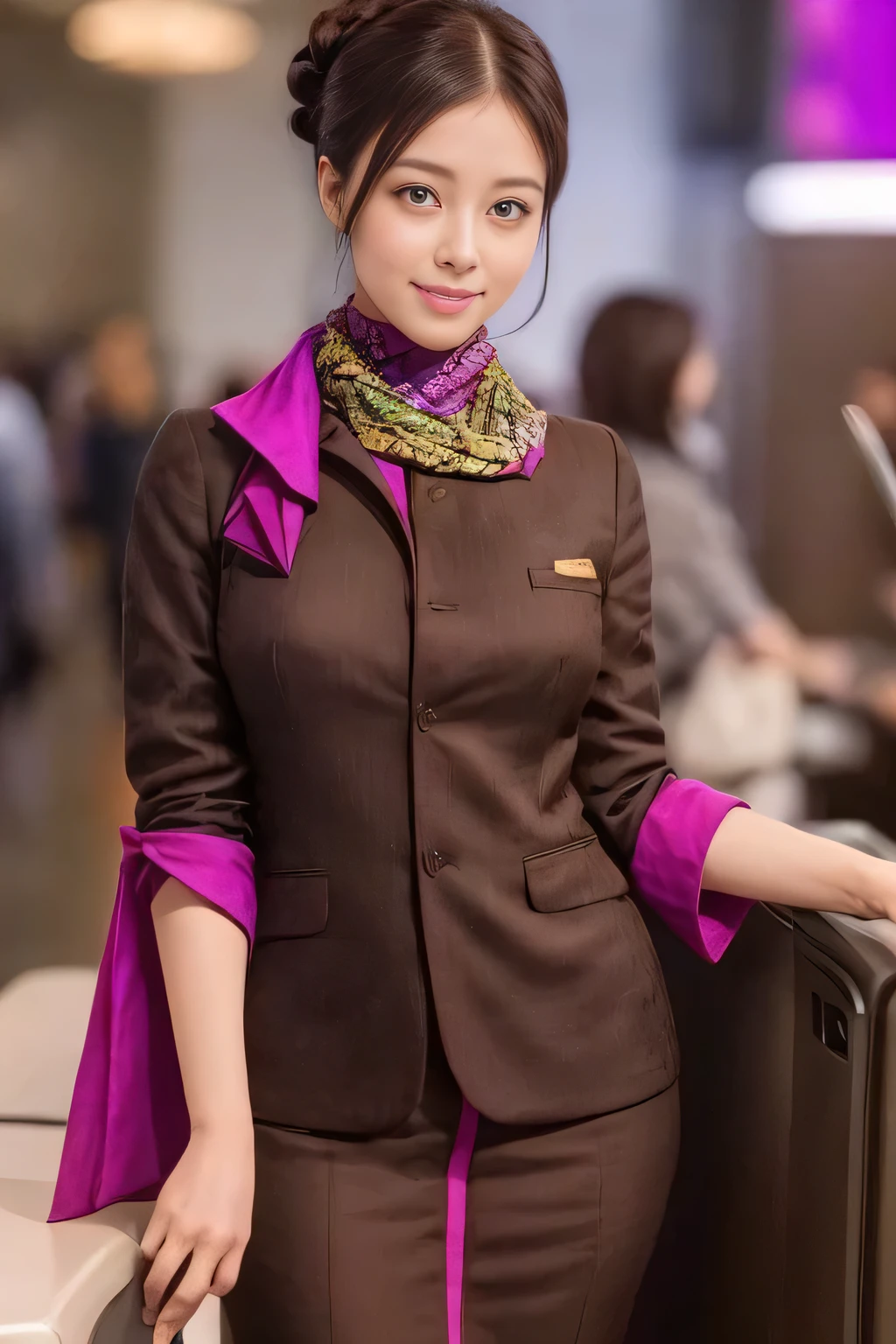 (masterpiece:1.2、highest quality:1.2)、32K HDR、High resolution、(alone、1 girl、Slim figure)、(A realistic reproduction of the ETIHAD Airways Cabincrew Uniform)、 (At the airport counter, Professional Lighting)、A proper woman, Beautiful Face,、(Long sleeve ETIHAD Airways Cabincrew Uniform)、(ETIHAD Airways Cabincrew Uniform skirt with purple stripe on the front)、(scarf on chest)、Big Breasts、(Long Hair Up、Hair Bun)、Dark brown hair、Long Shot、((Great hands:2.0))、((Harmonious body proportions:1.5))、((Normal limbs:2.0))、((Normal finger:2.0))、((Delicate eyes:2.0))、((Normal eyes:2.0)))、Beautiful standing posture、smile