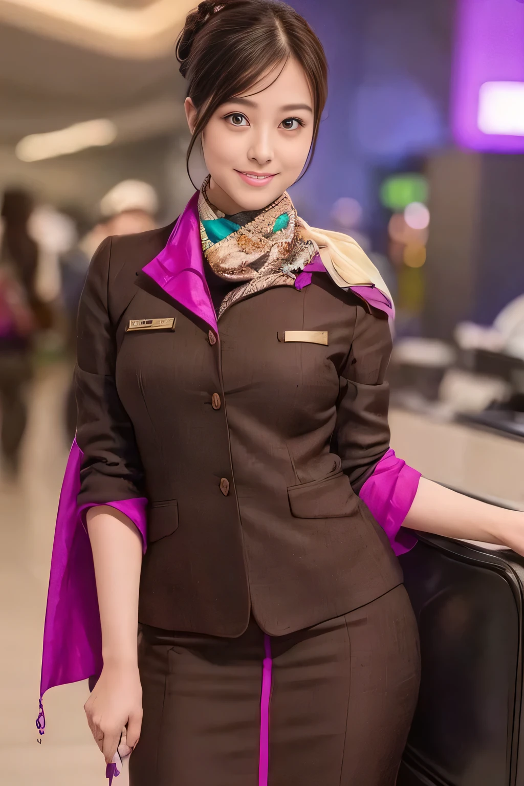 (masterpiece:1.2、highest quality:1.2)、32K HDR、High resolution、(alone、1 girl、Slim figure)、(A realistic reproduction of the ETIHAD Airways Cabincrew Uniform)、 (At the airport counter, Professional Lighting)、A proper woman, Beautiful Face,、(Long sleeve ETIHAD Airways Cabincrew Uniform)、(ETIHAD Airways Cabincrew Uniform skirt with purple stripe on the front)、(scarf on chest)、Big Breasts、(Long Hair Up、Hair Bun)、Dark brown hair、Long Shot、((Great hands:2.0))、((Harmonious body proportions:1.5))、((Normal limbs:2.0))、((Normal finger:2.0))、((Delicate eyes:2.0))、((Normal eyes:2.0)))、Beautiful standing posture、smile