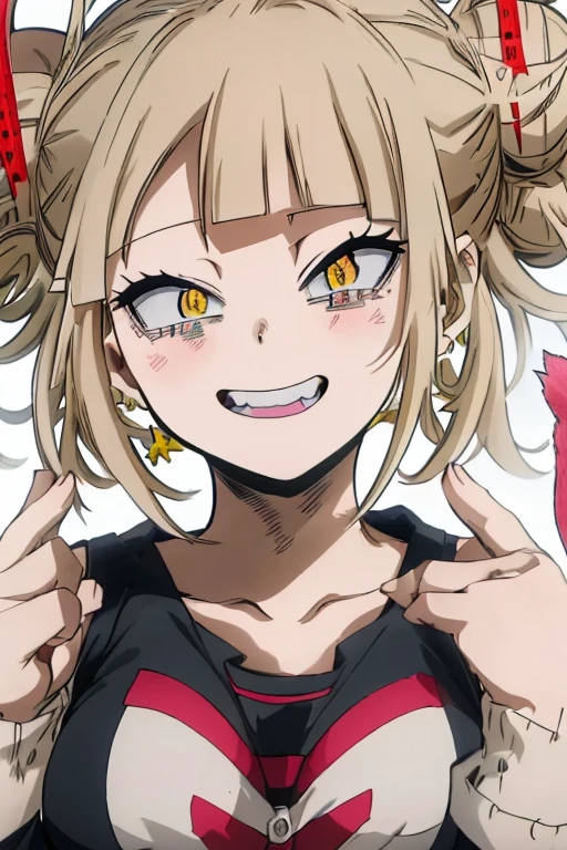 (himiko toga),(Anime),+,(Boku no hero academia),(kohei horikoshi),(Yellow eyes and cat's pupils), (short blonde hair with two pompoms), (with a perverted smile on her face with two cat-style teeth on top and two cat-style teeth on the bottom), (wearing),+,(a sexualized Christmas-style dress),+,(Beautiful image),(8k high image),(High resolution image),(Perfect pretty face),(perfect mouth),(bug fix),(better quality)