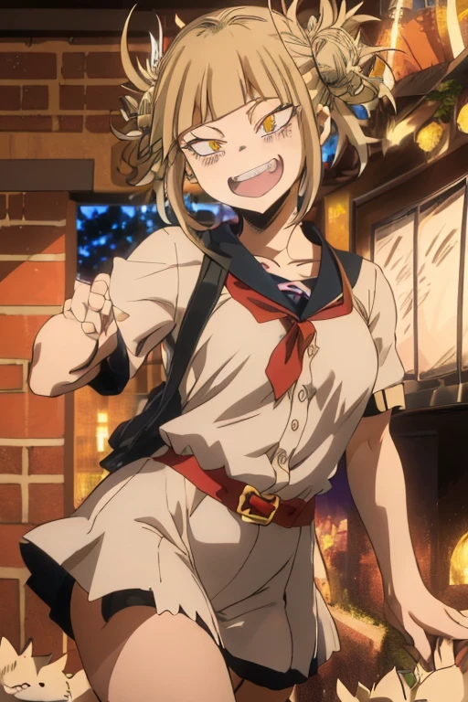 (himiko toga),(Anime),+,(Boku no hero academia),(kohei horikoshi),(Yellow eyes and cat's pupils), (short blonde hair with two pompoms), (with a perverted smile on her face with two cat-style teeth on top and two cat-style teeth on the bottom), (wearing),+,(a sexualized Christmas-style dress),+,(Beautiful image),(8k high image),(High resolution image),(Perfect pretty face),(perfect mouth),(bug fix),(better quality)