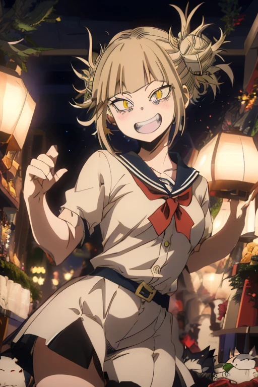 (himiko toga),(Anime),+,(Boku no hero academia),(kohei horikoshi),(Yellow eyes and cat's pupils), (short blonde hair with two pompoms), (with a perverted smile on her face with two cat-style teeth on top and two cat-style teeth on the bottom), (wearing),+,(a sexualized Christmas-style dress),+,(Beautiful image),(8k high image),(High resolution image),(Perfect pretty face),(perfect mouth),(bug fix),(better quality)