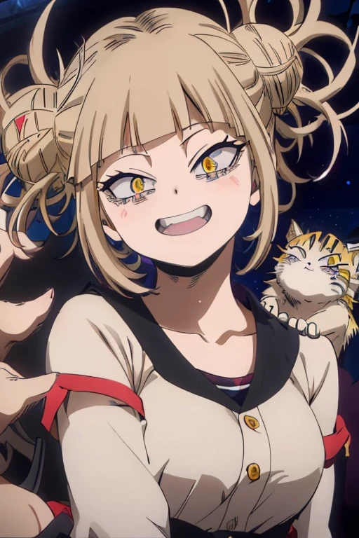 (himiko toga),(Anime),+,(Boku no hero academia),(kohei horikoshi),(Yellow eyes and cat's pupils), (short blonde hair with two pompoms), (with a perverted smile on her face with two cat-style teeth on top and two cat-style teeth on the bottom), (wearing),+,(a sexualized Christmas-style dress),+,(Beautiful image),(8k high image),(High resolution image),(Perfect pretty face),(perfect mouth),(bug fix),(better quality)