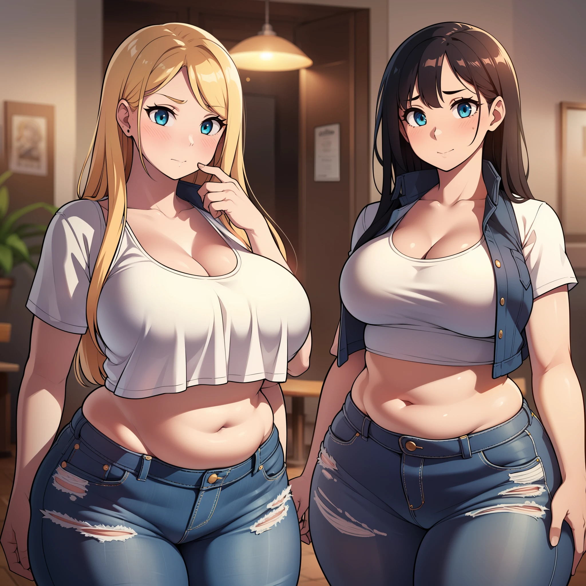 ((highres)), Masterpiece, high quality, best quality, beautiful, perfect lighting, detailed face, ultra cute face, ((2girls)), blush, one girl has blonde hair, blue eyes, crop top and shorts, one girl has brown hair, green eyes, jeans, white shirt, fast food restaurant, cleavage, medium breasts, ((wide hips)), (thick thighs), ((plump)), chubby belly, belly grab, fat folds, standing next to each other,