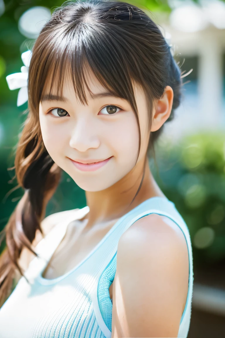 Lens 135mm f1.8, (highest quality),(RAW photo), , (Beautiful 16 year old Japanese girl), cute face, (deeply carved face:0.7), (freckles:0.6), ,dramatic , (japanese school (croptop) skyblue tanktop), (inside the school), shy, low twintails, , (smile),, (sparkling eyes)、standing,
