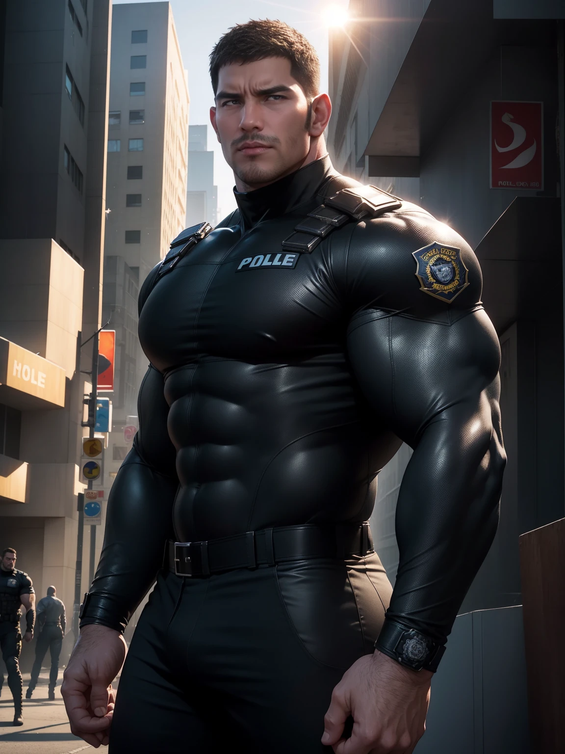 One Tall giant muscular police officer, on the street outdoors, Wear a brown long-sleeved superhero jumpsuit, The expression is arrogant, Lift your chin, messy hair, Thick thighs, Brown Turtleneck Long Sleeve Superhero Bodysuit, very tight, Regular symmetrical pattern, Highlight muscles, Police uniform pants, character concept(Resident Evil - chris redfield, chris redfield)A proud expression, Deep and charming eyes, Valiant male pose, tall Burly, muscular!muscular thighs, Tough Guy, Perfect facial features, High, Burly, Heqiang, Super exquisite and cool, High Resolution Committee, Attractive, The sun is blazing, Dazzling