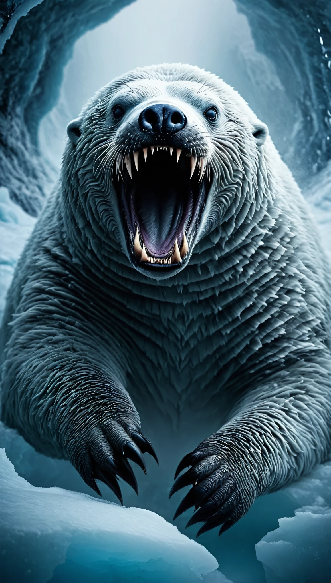 Grim Worm。They mainly live under the ice in the Arctic.。The body length is about 15 meters、Its weight is about 100kg, and its appearance is covered with gray scales.、Has sharp fangs。They feed on seals and sometimes attack polar bears.。If you witnessed、Immediately leave the area.、You should shout as loud as you can to let everyone know.。 A shape-shifting spirit of living mist that can possess those with a weak will.., fantasy race, fantasy race, New Races, Fantasy World, High resolution, 4K, High resolution