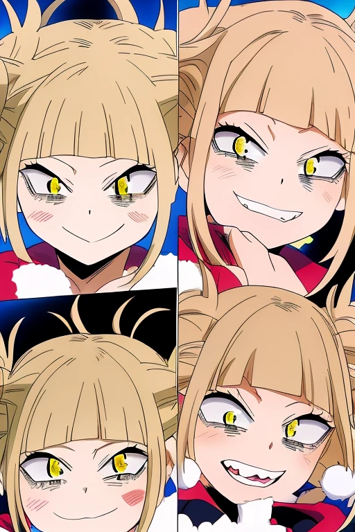 (himiko toga),(Anime),+,(Boku no hero academia),(kohei horikoshi),(Yellow eyes and cat's pupils), (short blonde hair with two pompoms), (with a perverted smile on her face with two cat-style teeth on top and two cat-style teeth on the bottom), (wearing),+,(a sexualized Christmas-style dress),+,(Beautiful image),(8k high image),(High resolution image),(Perfect pretty face),(perfect mouth),(bug fix),(better quality)