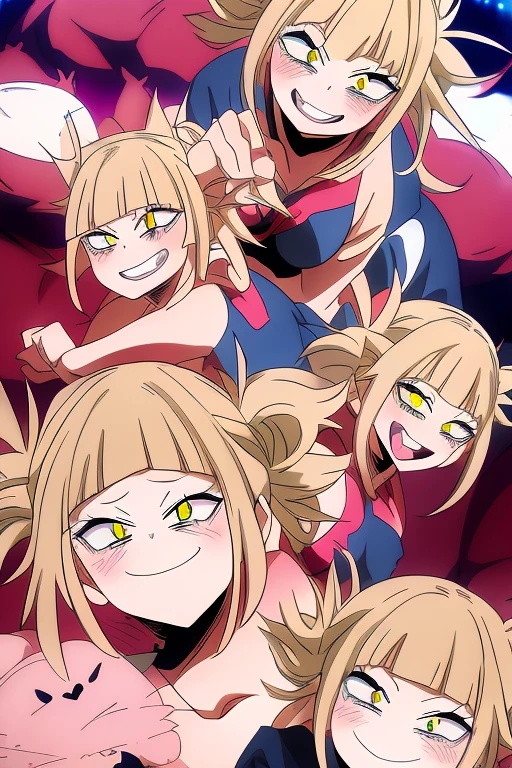 (himiko toga),(Anime),+,(Boku no hero academia),(kohei horikoshi),(Yellow eyes and cat's pupils), (short blonde hair with two pompoms), (with a perverted smile on her face with two cat-style teeth on top and two cat-style teeth on the bottom), (wearing),+,(a sexualized Christmas-style dress),+,(Beautiful image),(8k high image),(High resolution image),(Perfect pretty face),(perfect mouth),(bug fix),(better quality)