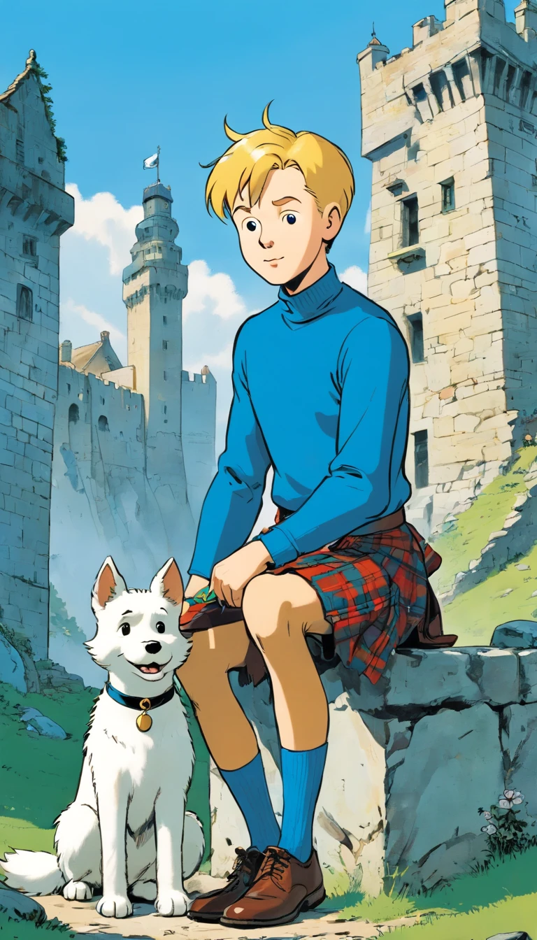 Tintin, male wearing blue long sleeves turtleneck shirt with Scottish kilt and short socks, very short blond hair, herge, european comics, heroic pose, Scottish castle ruins, with a little white fox terrier dog