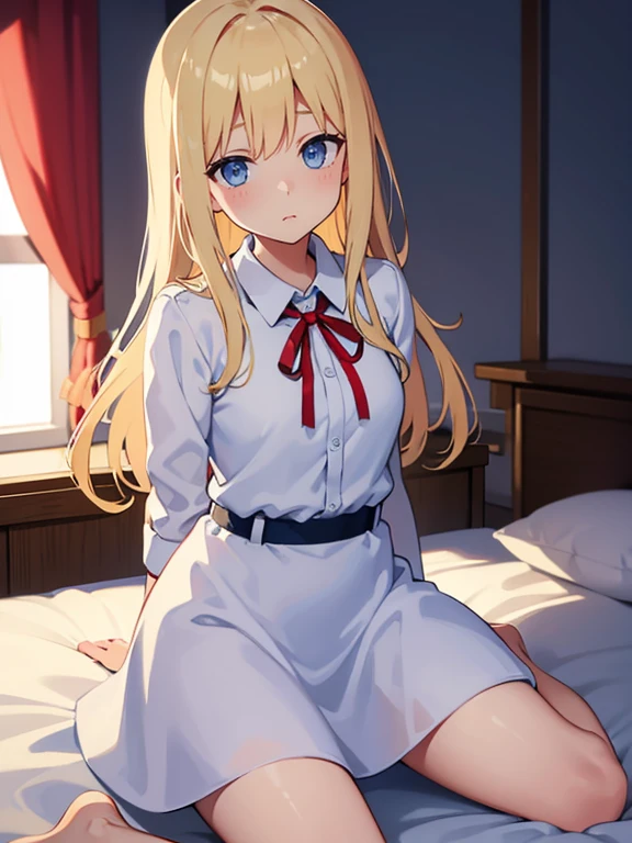 Blonde、Blue Eyes、Shy expression、White dress shirt、Red ribbon on the neck、Navy Skirt、Bed in the background