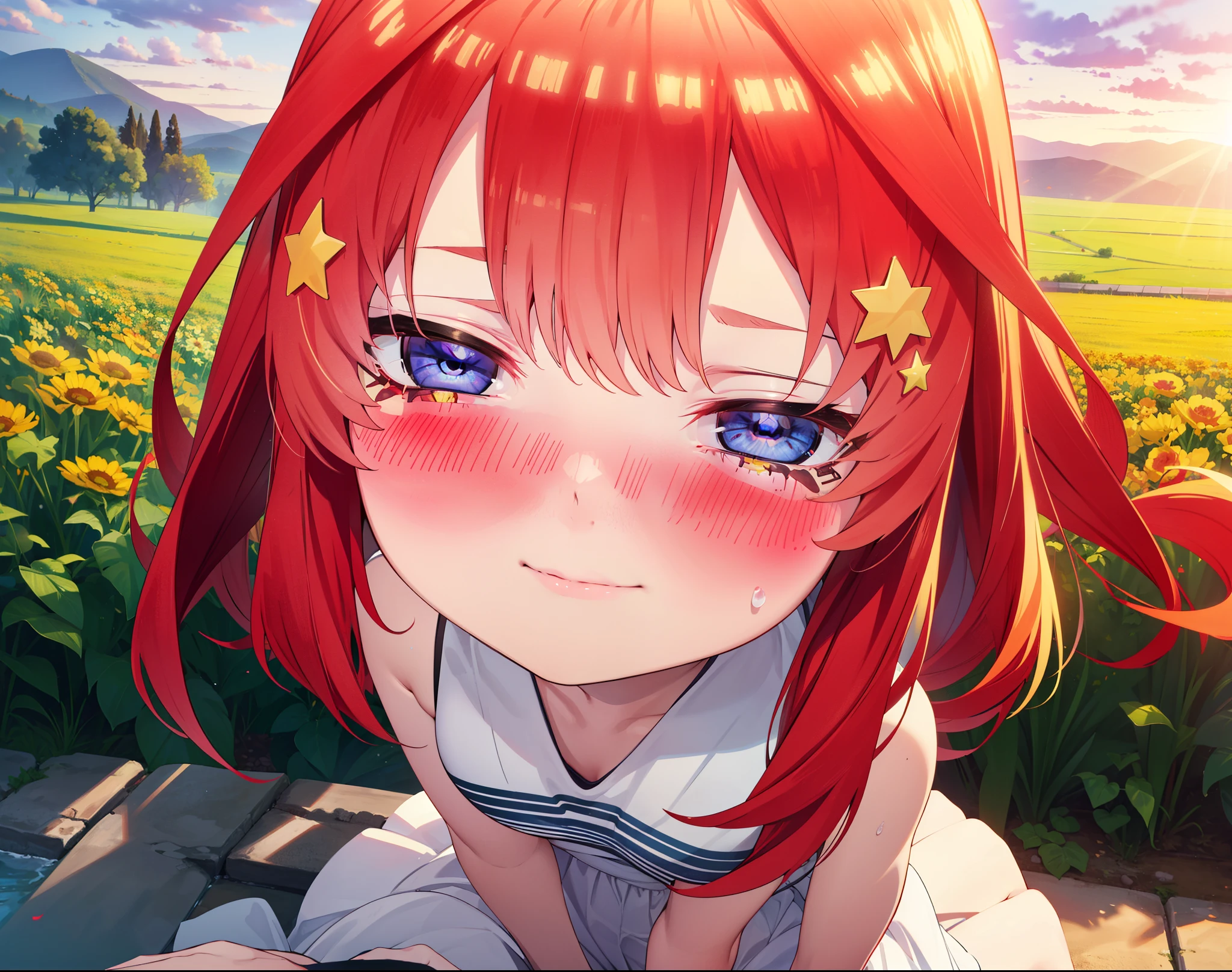 itsukinakano, Itsuki Nakano, bangs, blue eyes, Hair between the eyes, Ahoge, Redhead, star \(symbol\), hair ornaments, star hair ornaments,Big Breasts,Squint both eyes,blush,happy smile, smile, shut up.,White Sleeveless Dress,Bare arms,Heart Pendant,Long skirt,Barefoot flower crown,whole bodyがイラストに入るように,Sitting,Looking up from below,evening,sunset,Morning Sets,
break looking at viewer, whole body,
break outdoors, nature,Flower Field,Large Lake,
break (masterpiece:1.2), highest quality, High resolution, unity 8k wallpaper, (shape:0.8), (Beautiful details:1.6), Highly detailed face, Perfect lighting, Highly detailed CG, (Perfect hands, Perfect Anatomy),