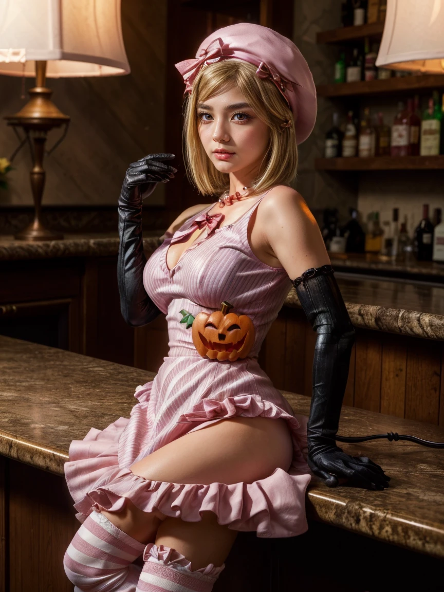 (1 lady), The beautiful, (Best quality at best:1.4), (ultra - detailed), (extremely detailed CG unified 16k), gold blonde hair, very detailed, High-definition RAW color photo, professional photoshooting, amazing face and eyes, cosmetics, (amazingly beautiful girl), ((lambdadelta)), ((dress, shoes bow, red shoes, striped stockings, red bow, pink hat, necklace, gloves, pearl, pumpkin brooch, pink dress)), standing, sexyposture,(Dark and stylish bar, drinks, lamp lights, lamp lights:1.3), (look from down), realistic cinematic face, head to feet long wide zoomed out view, full body long view, photorealistic, ((realistic natural blonde hair style, honey eyes)), gorgeous, extremely beautiful face, perfect model beauty, pout mouth, flirting smile, cleavages, city girl, western, shopping in the city, (masterpiece), best quality, high resolution, extremely detailed, blurred background, depth of field, cinematic lighting, amazing legs, high heels, clear and well-cared skin