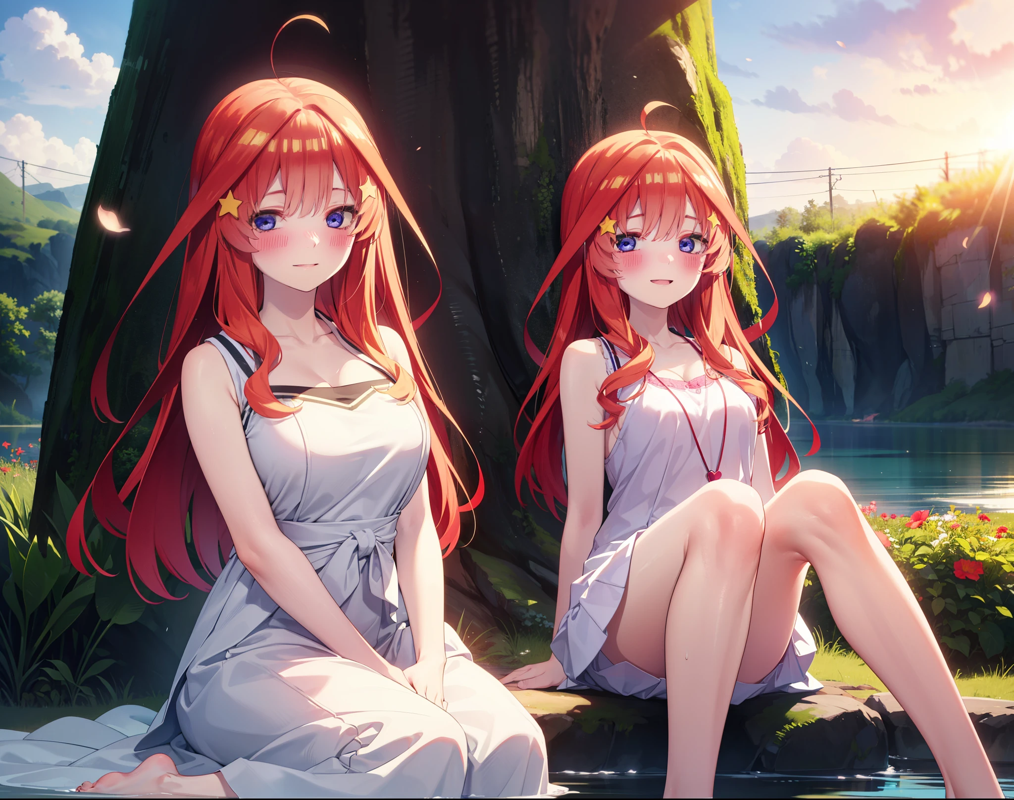 itsukinakano, Itsuki Nakano, bangs, blue eyes, Hair between the eyes, Ahoge, Redhead, star \(symbol\), hair ornaments, star hair ornaments,Big Breasts,Squint both eyes,blush,happy smile, smile, shut up.,White Sleeveless Dress,Bare arms,Heart Pendant,Long skirt,Barefoot flower crown,whole bodyがイラストに入るように,Sitting,Looking up from below,evening,sunset,Morning Sets,
break looking at viewer, whole body,
break outdoors, nature,Flower Field,Large Lake,
break (masterpiece:1.2), highest quality, High resolution, unity 8k wallpaper, (shape:0.8), (Beautiful details:1.6), Highly detailed face, Perfect lighting, Highly detailed CG, (Perfect hands, Perfect Anatomy),