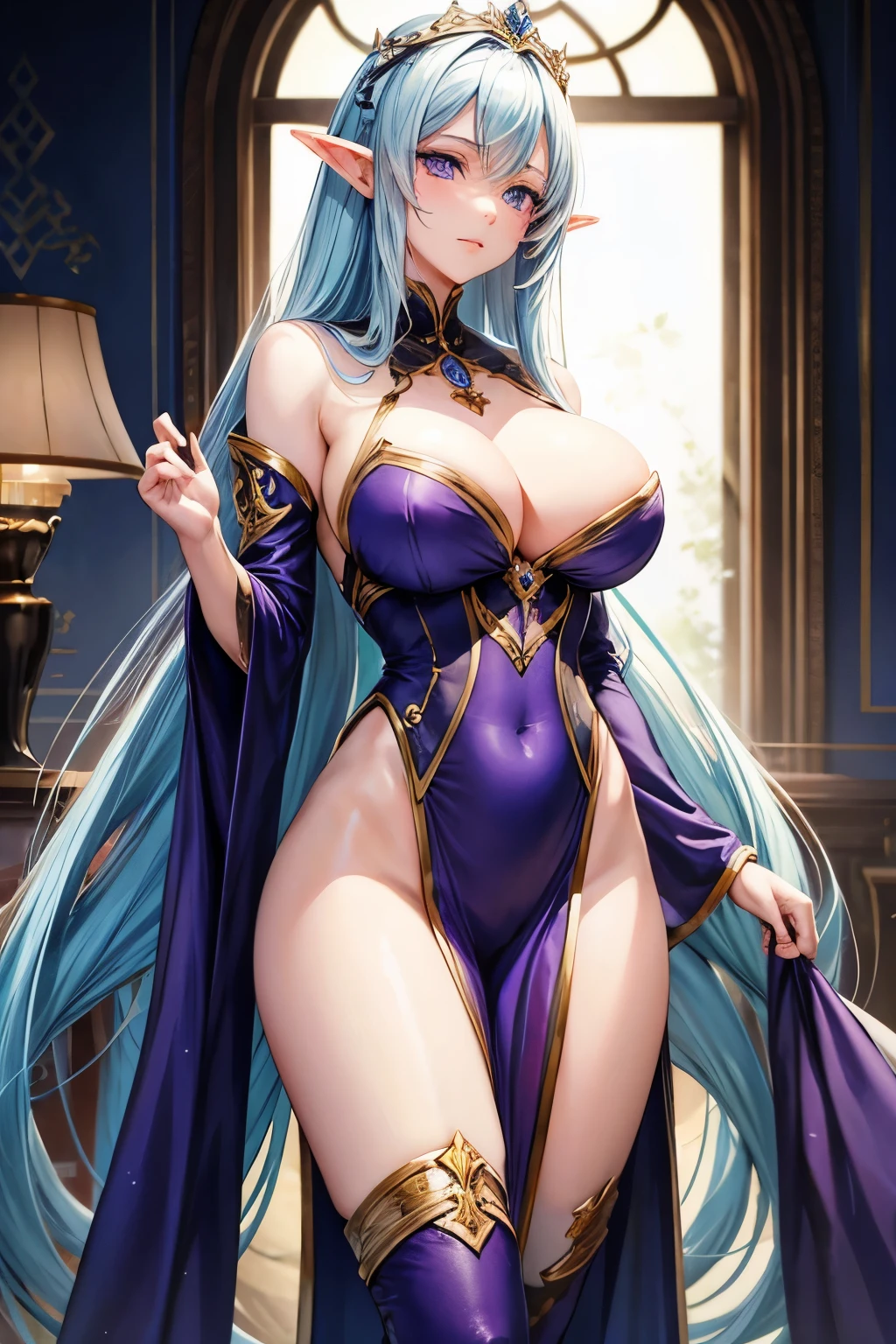 Long blue hair，Purple Eyes，Large Breasts，Royal sister，Elf