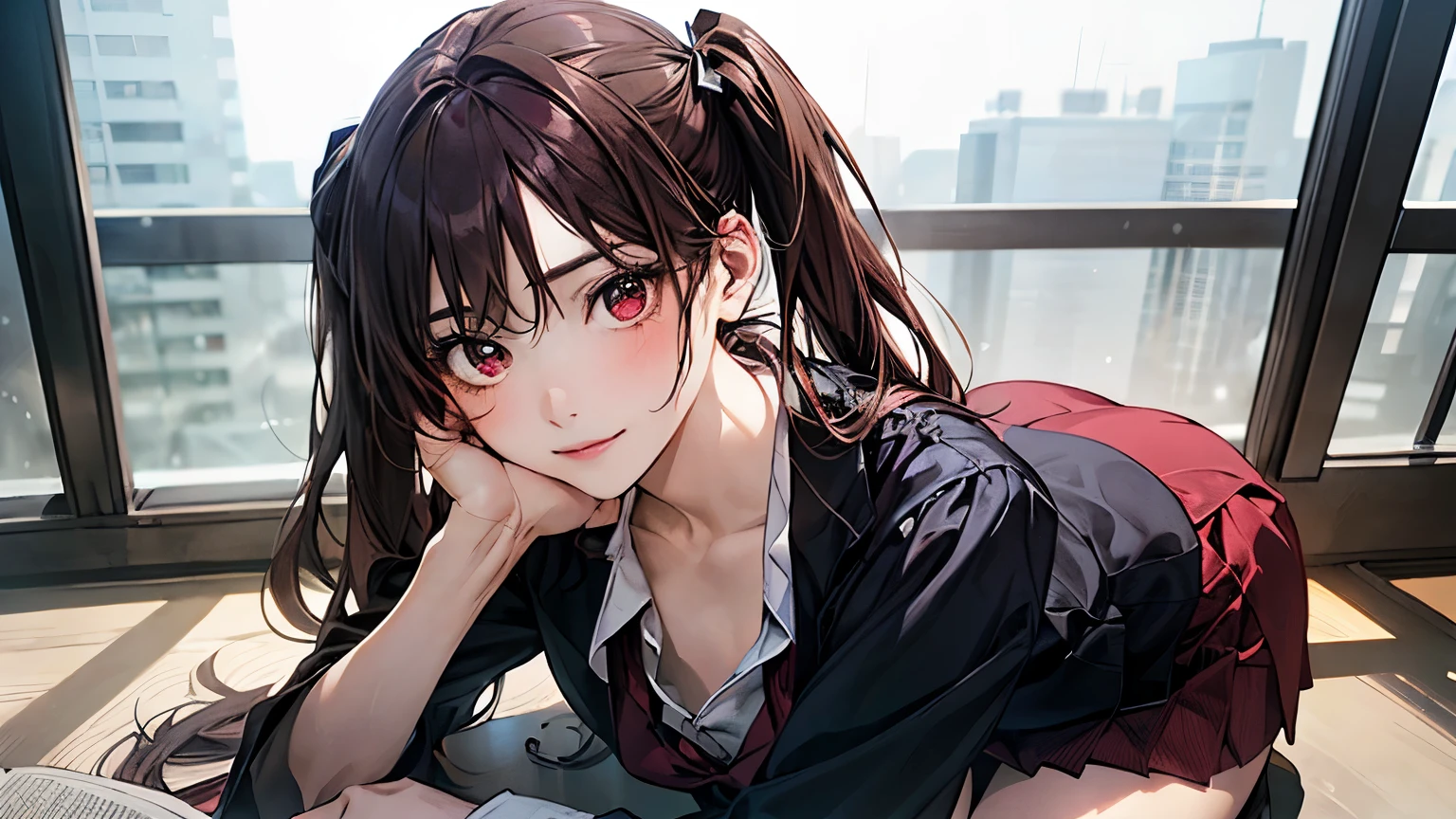 (masterpiece:1.2, t○p-quality), (Realistic, ph○t○Realistic:1.4), beautiful illustrati○n, (Natural Side Lighting, m○vie lighting), Browsing Caution, one personの女性,whole body,Attractive legs,
l○○king at viewer, (face f○cus, upper b○dy), 1 girl, Japanese, high Shu○○l girl, Perfect Face, Cute and symmetrical face, Shiny skin, 
(l○ng hair:1.5, Twin tails:1.4, dark br○wn hair), Asymmetrical bangs, 2 hairpins, Dark red eyes, gl○wing eyes, Big eyes, dr○○ping eyes, l○ng eye lasher, (Medium chest), thin, dark red hair ribb○n, 
Beautiful Hair, Beautiful Face, Beautiful fine details, Beautiful clavicle, beautiful b○dy, Beautiful breasts, Beautiful thighs, Beautiful feet, Beautiful fingers, holding a book,
((k○mi_Shu, dark red and dark br○wn Shu○○l jacket, white c○llared shirts, Dark red mini skirt), dark red b○w tie), 
(Beautiful views), evening, (Shu○○l library), Sitting, leaning f○rward, (:○, smile, Tilt your head), I have a book,whole body,女one person,座ってI have a book,whole body,one person,whole body