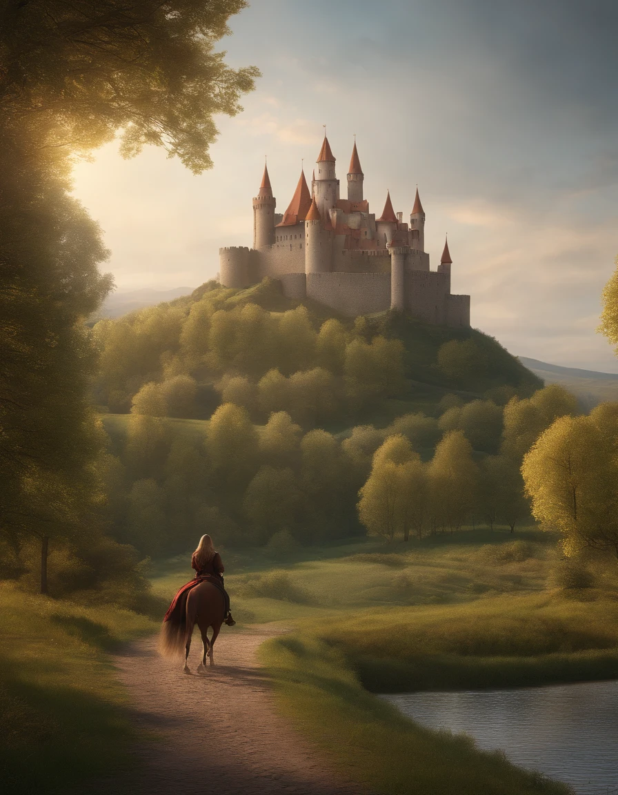 there is a princess riding a horse next to a medieval castle set in river valley, beautiful pixar render of a medieval tale, 3d rendered matte painting, illustration matte painting, high quality matte painting,cute, castle background, inspired by Edmund Leighton, highly detailed matte painting, hyperdetailed 3 d matte painting, hyperdetailed 3d matte painting, medieval castle background, 3d matte painting