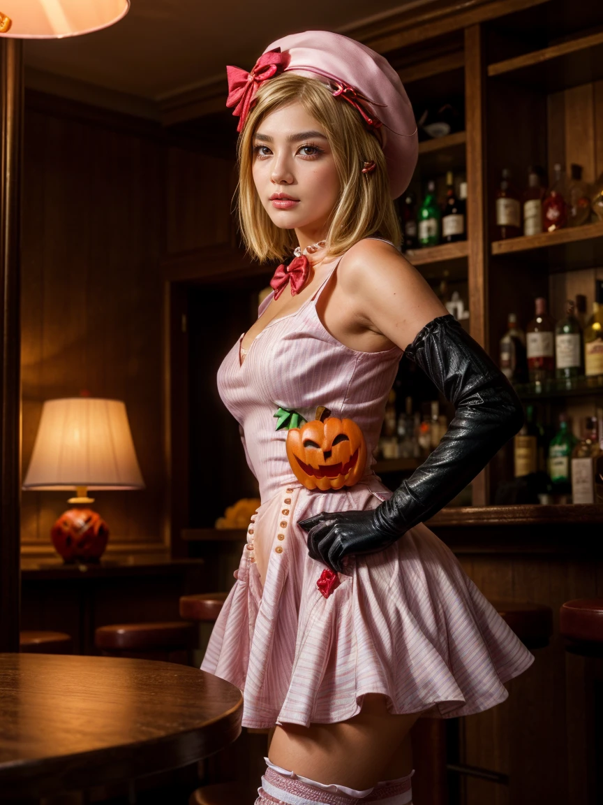 (1 lady), The beautiful, (Best quality at best:1.4), (ultra - detailed), (extremely detailed CG unified 16k), gold blonde hair, very detailed, High-definition RAW color photo, professional photoshooting, amazing face and eyes, cosmetics, (amazingly beautiful girl), ((lambdadelta)), ((dress, shoes bow, red shoes, striped stockings, red bow, pink hat, necklace, gloves, pearl, pumpkin brooch, pink dress)), standing, sexyposture,(Dark and stylish bar, drinks, lamp lights, lamp lights:1.3), (look from down), realistic cinematic face, head to feet long wide zoomed out view, full body long view, photorealistic, ((realistic natural blonde hair style, honey eyes)), gorgeous, extremely beautiful face, perfect model beauty, pout mouth, flirting smile, cleavages, city girl, western, shopping in the city, (masterpiece), best quality, high resolution, extremely detailed, blurred background, depth of field, cinematic lighting, amazing legs, high heels, clear and well-cared skin