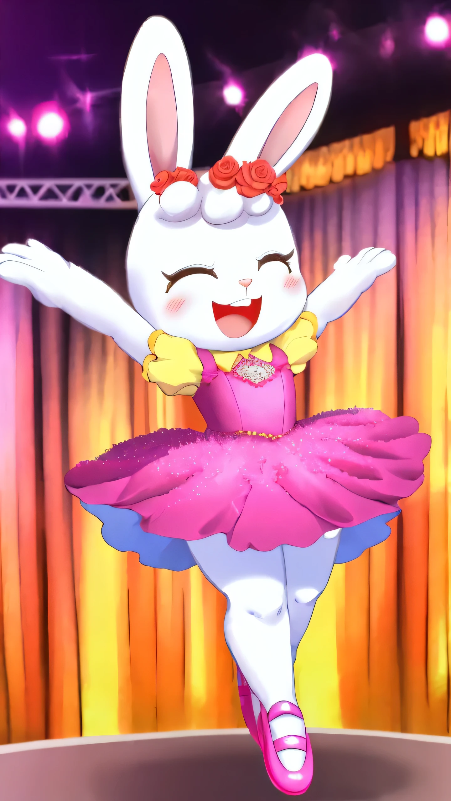 (((mimirin))), (white bunny, bunny ears, white body, detailed eyes, bright eyes, 1girl, solo), pink ballet dress, dancing, jumping, roses falling everywhere, closed eyes, ballet shoes, dancing on stage, bunny paws, bunny legs, blush, kawaii, cute, long eyelashes, smile, happy, open mouth, detailed background, masterpiece, best quality, 4k, 2k