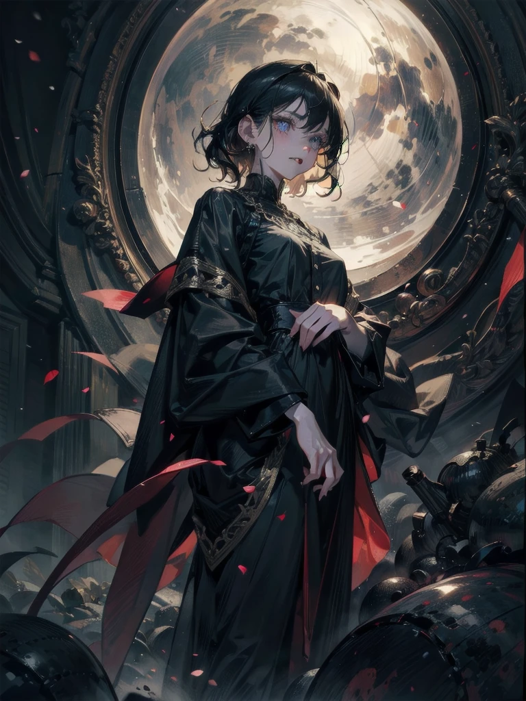 whole body, old mansion, vampire, sharp fangs, absurdres, RAW photo, extremely delicate and beautiful, masterpiece, Best Quality, ultra high resolution, 32k, hyperrealistic, ultra-detailed, perfect figure, detailed description, pale skin, 20 years old, detailed beautiful face and eyes, tearful mole, earring, short medium hair, wavy hair,