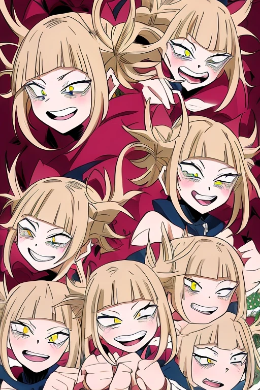 (himiko toga),(Anime),+,(Boku no hero academia),(kohei horikoshi),(Yellow eyes and cat's pupils), (short blonde hair with two pompoms), (with a perverted smile on her face with two cat-style teeth on top and two cat-style teeth on the bottom), (wearing),+,(a sexualized Christmas-style dress),+,(Beautiful image),(8k high image),(High resolution image),(Perfect pretty face),(perfect mouth),(bug fix),(better quality),(Image without any bus), (super beautiful image)